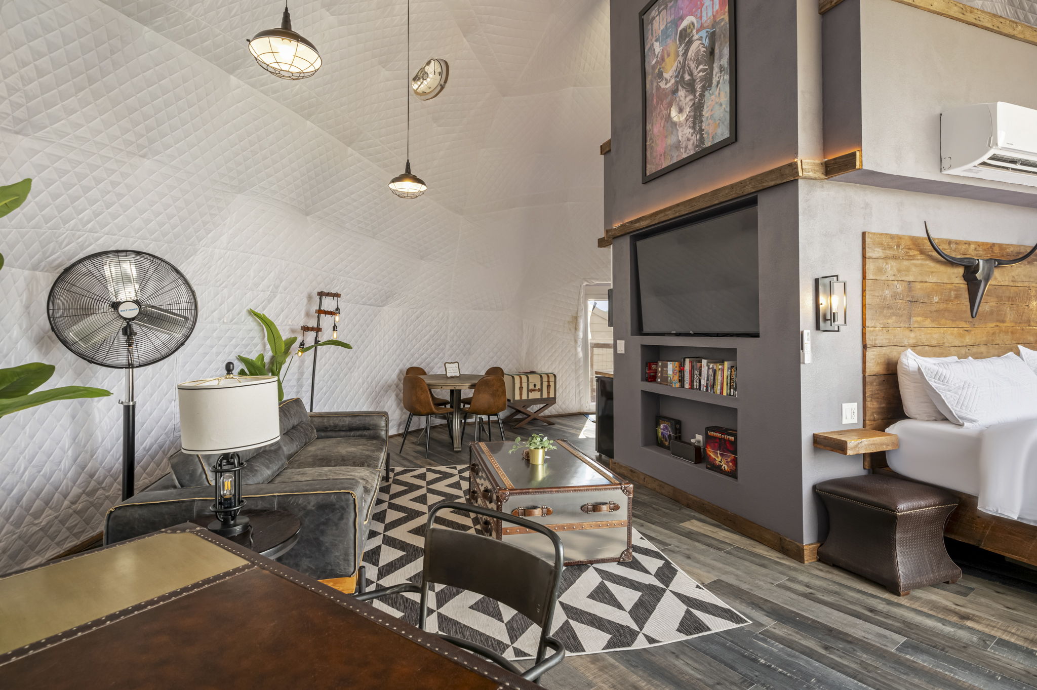 Romantic glamping dome interior at The Farm Texas Hill Country